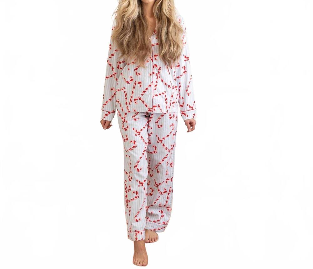 NEW 8 OAK LANE candy cane stripe flannel pajama set in pink/white